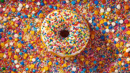 An overhead view of a decorated donut with festive sprinkles and edible glitter, set against a colorful background, perfect for celebrations and events.の素材