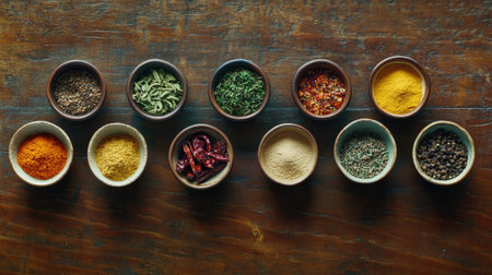 An overhead shot of various spices, including chili powder, arranged in small bowls on a wooden countertop, highlighting the rich colors and textures.の素材