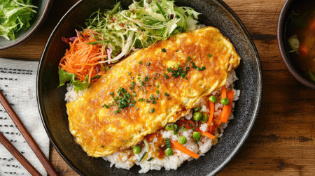 An overhead shot of a bowl of omurice, featuring a beautifully golden omelet covering a colorful mixture of rice and vegetables, with a side of salad.の素材