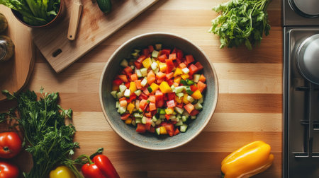 An overhead view of a bowl of diced  mixed with other fresh vegetables, ready to be incorporated into a delicious meal, set on a bright kitchen surface.の素材
