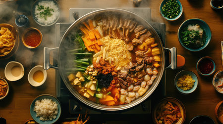 An overhead view of a hot pot with an assortment of meat, seafood, and vegetables cooking in a flavorful broth, surrounded by small bowls of dipping sauces.の素材