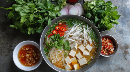 An overhead view of a traditional Thai noodle dish with mixed vegetables, tofu, and a savory sauce, served with a side of fresh herbs and sliced chilies.の素材