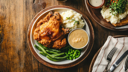 An overhead view of a hearty meal featuring fried chicken, mashed potatoes, gravy, and a side of green beans, served on a rustic wooden table.の素材
