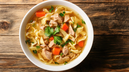 A beautifully plated bowl of noodle soup with clear broth, loaded with vegetables, herbs, and sliced meat, set against a rustic wooden table.の素材