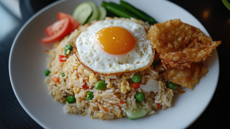 An overhead view of a serving of curry fried rice with a side of crispy fried egg, highlighting the combination of textures and flavors in a casual dining environment.の素材