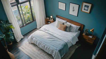 An overhead view of a neatly arranged bedroom with a neatly made bed, stylish nightstands, and a window with natural light streaming in.の素材