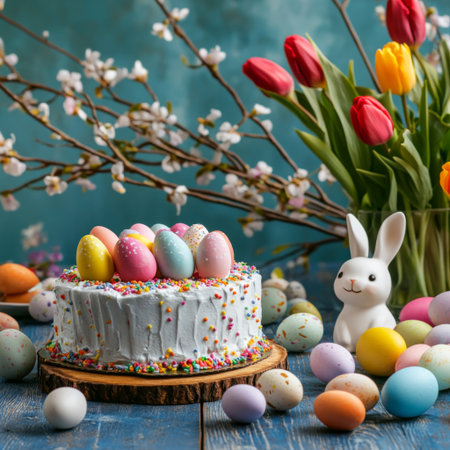 A vibrant Easter composition with tulips, a decorated Easter cake, colored eggs, and a small Easter bunny, all arranged around a wooden table with spring branches.の素材