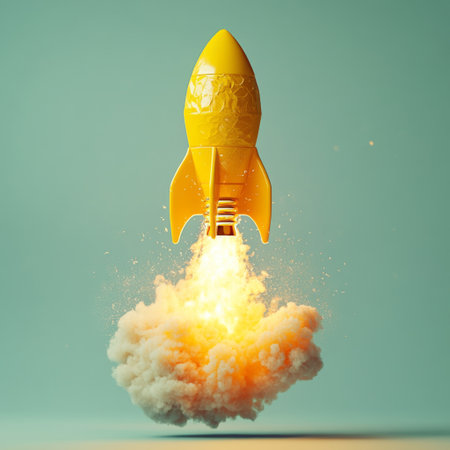 A yellow lightbulb shaped like a spaceship launching into the sky, with fire and smoke trailing behind, set against a light green background representing innovation in business startup.の素材
