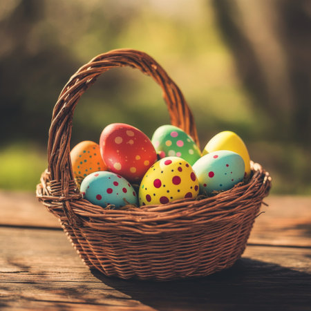 A wicker basket filled with vibrant, colorful Easter eggs resting on a rustic wooden table, with soft sunlight casting gentle shadows.の素材