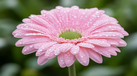 A vibrant pink gerbera daisy with fresh water droplets on its petals, set against a blurred background of greenery.の素材