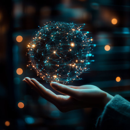 A womans hand interacting with a floating digital sphere network, emitting vibrant light patterns against a dark, futuristic backdrop.の素材