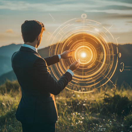 A visionary photo of a young businessman outdoors, touching a holographic target surrounded by elements representing futuristic business planning.の素材