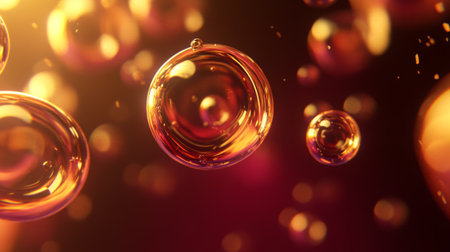 Close-up of air bubbles in water with varying sizes, sparkling under soft lighting, creating a tranquil and refreshing atmosphere.の素材