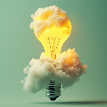 A yellow lightbulb rocket launching from the ground, with flames and smoke, on a light green background symbolizing inspiration, knowledge, and entrepreneurship.の素材