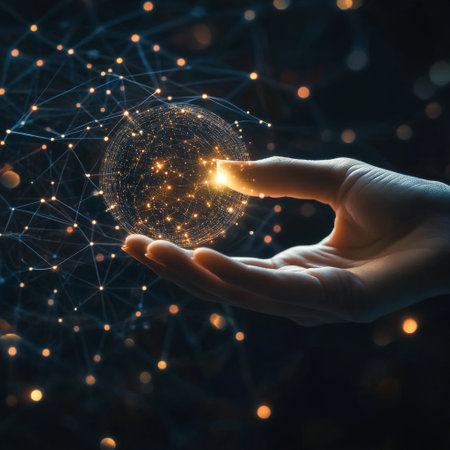 A womans hand touching a glowing digital sphere, creating a ripple of data connections and light in a dark, sleek environment.の素材