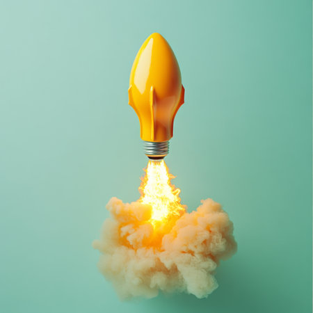 A yellow lightbulb shaped like a spaceship launching into the sky, with fire and smoke trailing behind, set against a light green background representing innovation in business startup.の素材