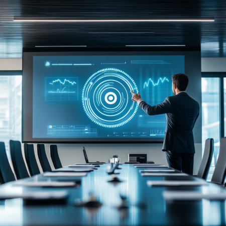 A young businessman standing in front of a large screen in a boardroom, touching a central target icon as part of a presentation.の素材