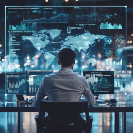 A young professional seated at a desk, reviewing financial data with holographic charts and global indicators hovering above.の素材