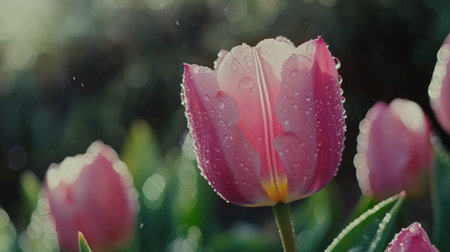 Close-up of a pink tulip with water drops glistening on its smooth, colorful petals, surrounded by fresh greenery.の素材