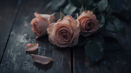 Close-up of fresh rose flowers resting on a rustic wooden table, captured in a studio shot, evoking romance and natural beauty.の素材