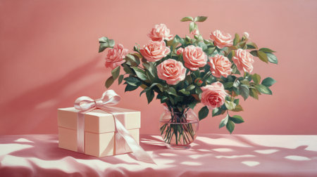 Elegant bouquet of pink roses in a vase, paired with a gift box wrapped in a satin bow, set against a soft pastel pink background, ideal for birthdays or weddings.の素材