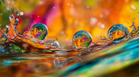 Macro shot of air bubbles suspended in water, with reflections and refractions enhancing the clarity and purity of the water.の素材