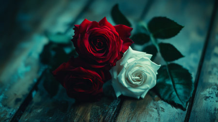 Elegant studio shot of red and white rose flowers on a rustic wooden table, with soft lighting highlighting the beauty and delicacy of the petals.の素材