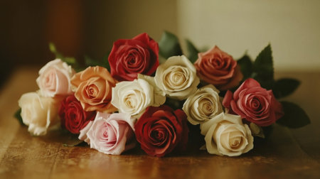 Softly lit rose flowers arranged on a wooden table in a studio shot, creating a warm, romantic atmosphere with their vibrant colors and natural beauty.の素材
