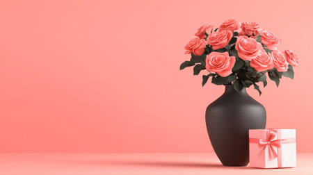Front view of a vase with pink roses and a beautifully wrapped gift box with a satin bow on a pastel pink background, ideal for Women's Day or any special celebration.の素材