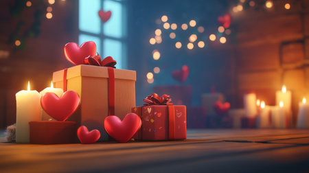 Romantic love background with St. Valentine's Day presents, small hearts, candles, and a gift box on a light background, creating a special moment for greeting cards.の素材
