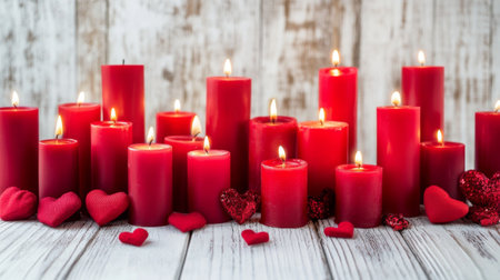 Romantic red candles arranged neatly on a white wooden table, filling the space with a warm and inviting glow, perfect for a love-themed atmosphere.の素材