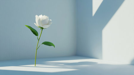 Isolated white rose with a green stem, creating an elegant and minimalist composition with soft lighting and a simple background.の素材