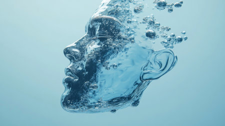 Light blue background with sparkling air bubbles drifting upward, enhancing a feeling of cleanliness and hygiene, suitable for personal care ads.の素材