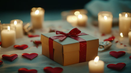 Romantic love background with St. Valentine's Day presents, small hearts, candles, and a gift box on a light background, creating a special moment for greeting cards.の素材