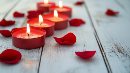Red candles arranged on a white wooden table, glowing gently in a romantic scene, perfect for creating a love-filled ambiance on special occasions.の素材