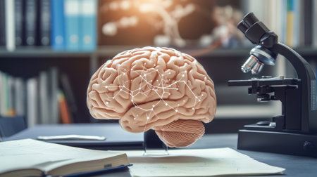 An image of a brain model with various neurological connections highlighted, placed on a desk with educational books and a microscope in the background.の素材