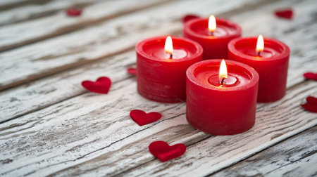 Elegant red candles on a white wooden table, creating a romantic and peaceful ambiance, ideal for celebrating love and intimate moments.の素材