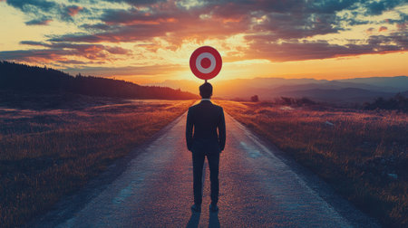 A businessperson standing in front of a road leading to a distant target sign, symbolizing long-term goals and future success, with a sunrise on the horizon.の素材