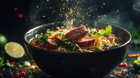 A close-up of a bowl of steaming Thai noodle soup with tender slices of meat, fresh herbs, and vibrant vegetables, garnished with lime and chili.の素材