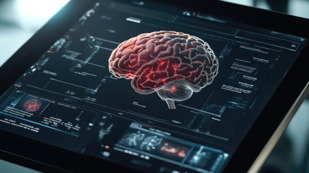 A close-up of a brain diagram on a tablet or digital device, with interactive elements and annotations showing different brain functions and regions.の素材