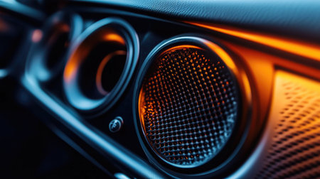 A close-up of a car speaker grille, highlighting its intricate design and high-quality materials, with soft ambient lighting inside the vehicle.の素材