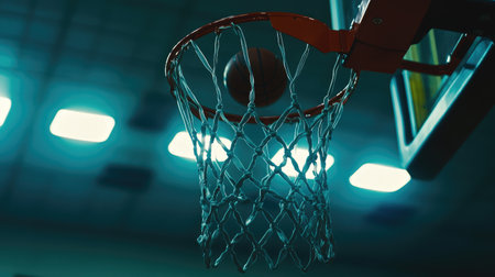 A close-up of a basketball hoop and net, with the ball approaching or already in the basket, set against the backdrop of a gymnasium with bright lights.の素材
