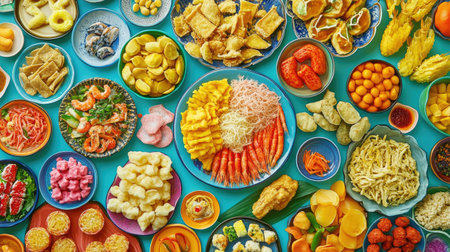 A close-up of an assortment of colorful  spread out on a vibrant background, showcasing various shapes and flavors in a bright, enticing display.の素材