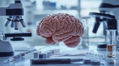 A close-up of a human brain in a laboratory setting, with scientific tools and notes surrounding it, illustrating brain research and neuroscience studies.の素材