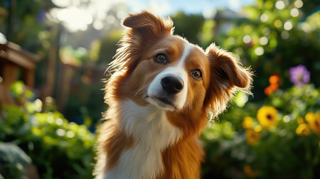 A charming shot of a fluffy dog with its head tilted to the side, looking curiously at the camera with a background of a sunny, cheerful garden.の素材