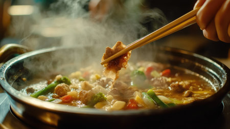 A close-up of a hand using chopsticks to pick up a piece of meat from a steaming hot pot, with colorful vegetables and bubbling broth visible in the background.の素材