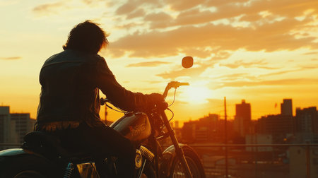 A biker in a leather jacket sitting on a custom motorcycle, with the sun setting behind them, creating a dramatic silhouette.の素材