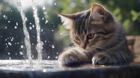 A cat sitting at the edge of a water fountain, cautiously dipping its paw in and observing the splashes, with a relaxed and curious demeanor.の素材