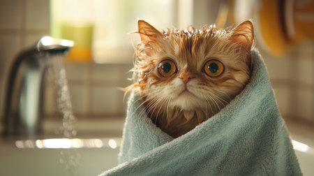 A charming image of a cat wrapped in a towel after its bath, looking cozy and content, with its wet fur being gently dried in a homey, relaxed environment.の素材