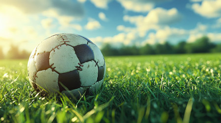 A close-up of a football resting on a grassy field, with detailed stitching and texture visible, ready for a game under a bright, sunny sky.の素材